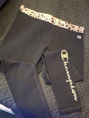 Champion Black Leggings with Leopard Waistband and Logo